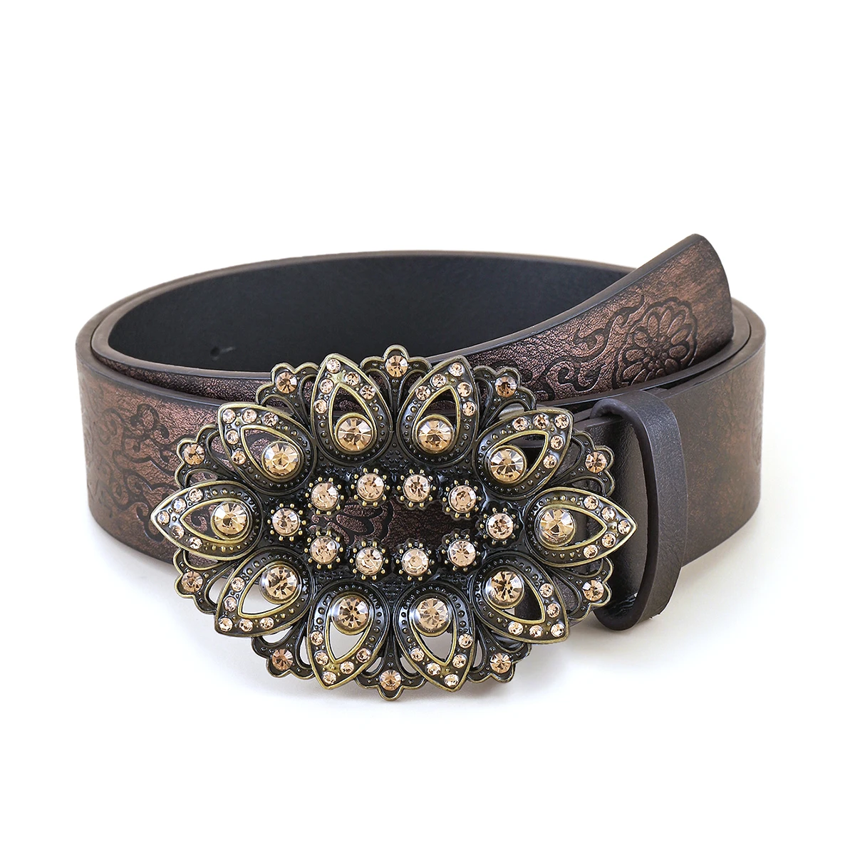 

Fashion Rhinestones Decor Textured Buckle Embossed Strap Belts for Women