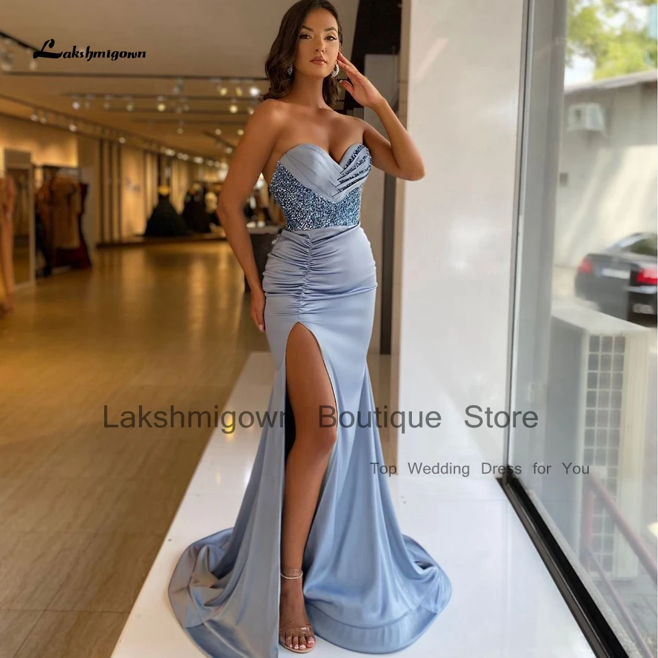 

Lakshmigown Blue Satin Mermaid Evening Gowns For Women 2024 Vestido Birthday Dress luxury Beading Side Split