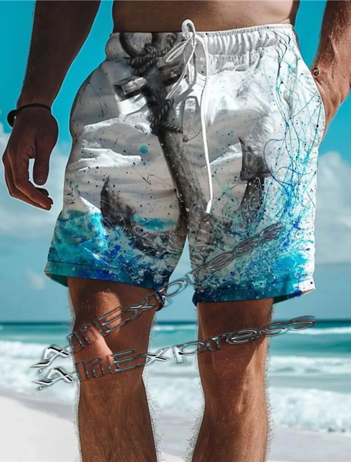 מכנסי ים מודפסים בטכנולוגיית 3D לגברים לקיץ בהוואי, מהירי ייבוש, בגדי ים מגניבים לגלישה ולשחייה עם חגורת מותן