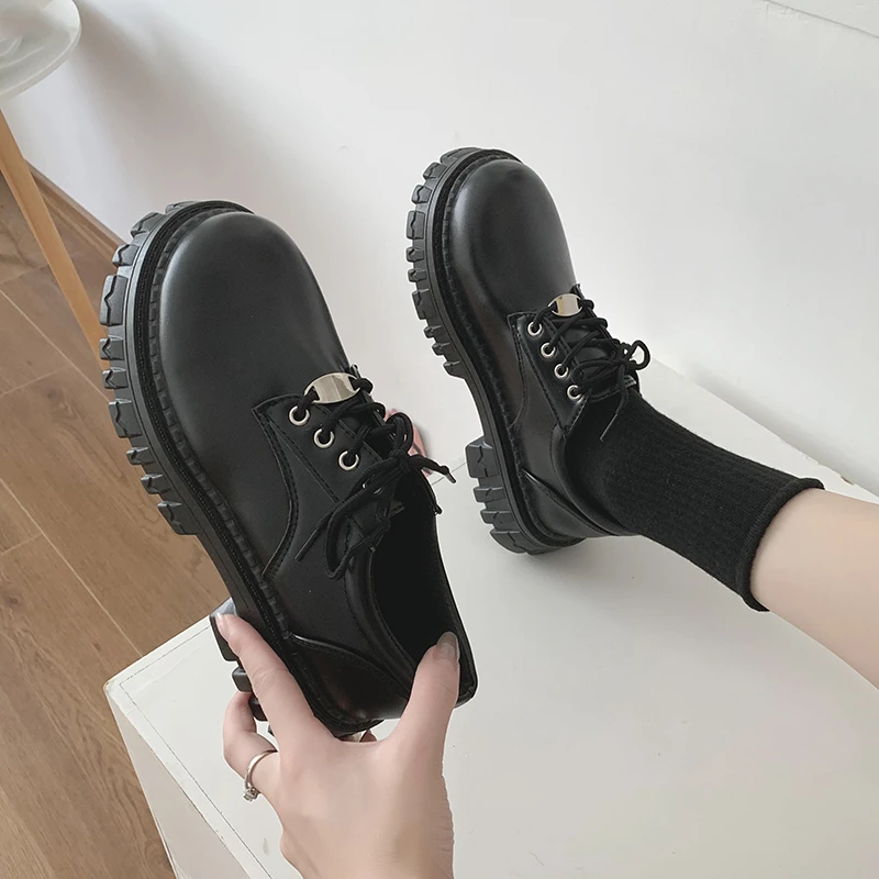 Rimocy Classic Black Platform Oxford Shoes for Women Spring Autumn Casual Lace Up Flats Woman Fashion Non-slip PU Leather Shoes