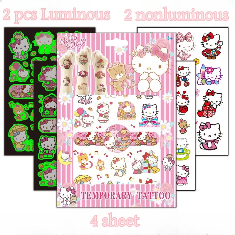 Hello Kitty 헬로 키티 방수 야광 문신 스티커, 여아용 DIY 일기 문구 스티커, 어린이 장난감 선물, 파티 호의