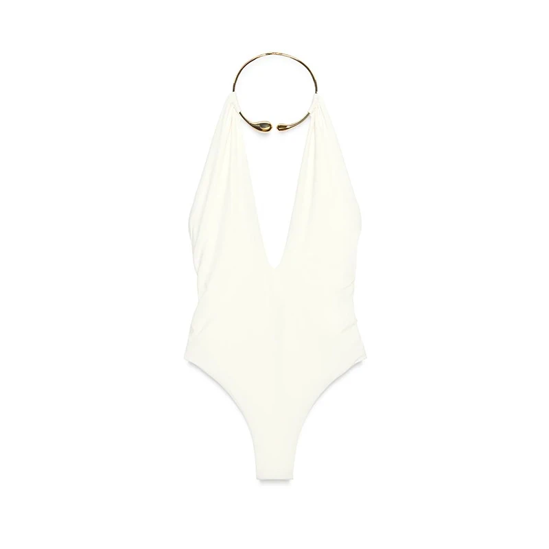 Sexy Bodys für Frauen, Wasserfallausschnitt, ärmellose Ketten, rückenfreie Tops, kurze Hosen, 2025, Sommermode, weibliche solide Strand-Outfits – Detail 2