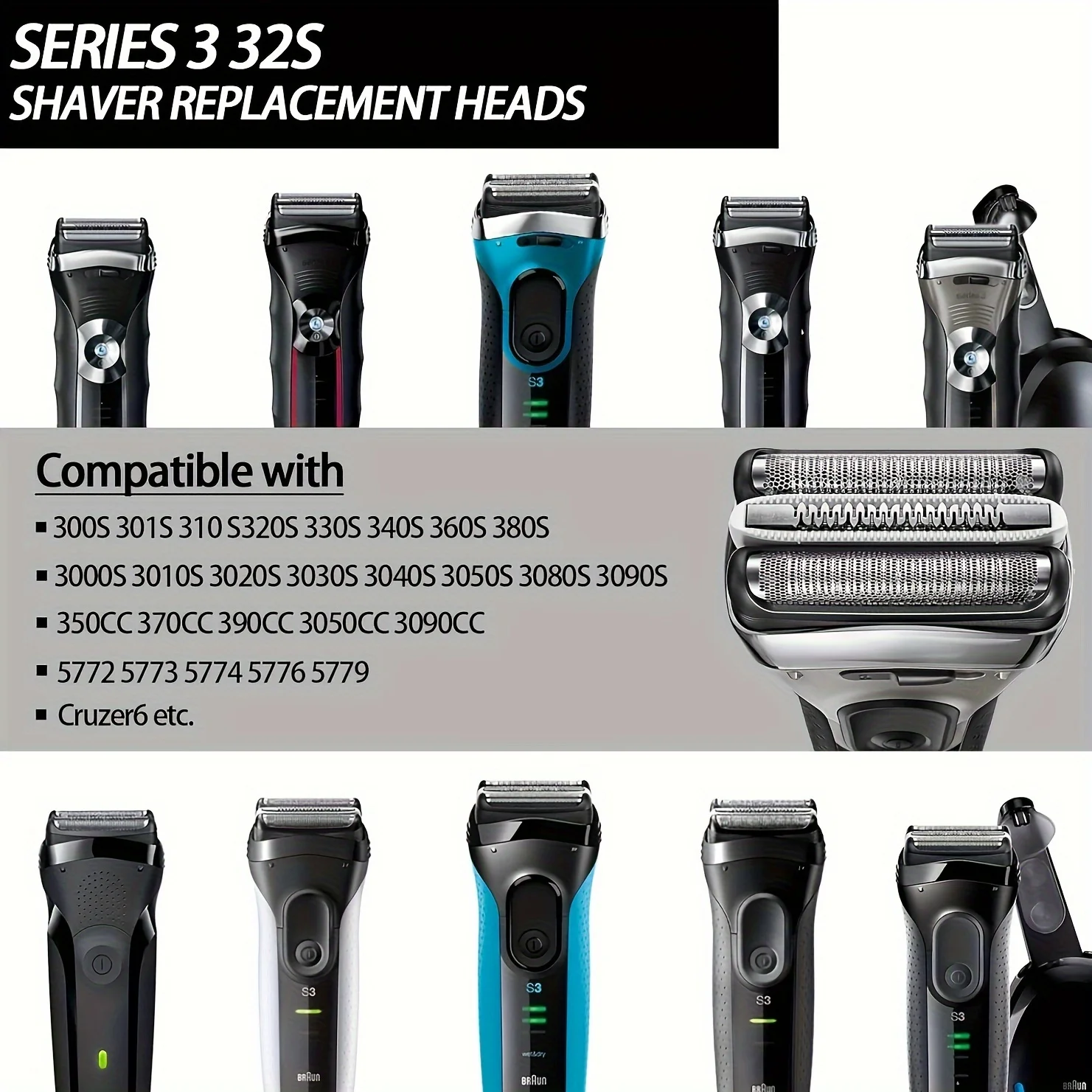 32S Series 3 Replacement Head for Braun S3 Shaver3000s,310s,3040s,3050cc,3010s,3070cc,3080s,3090s,350cc-4,370cc-4,380s-4,3090cc 2