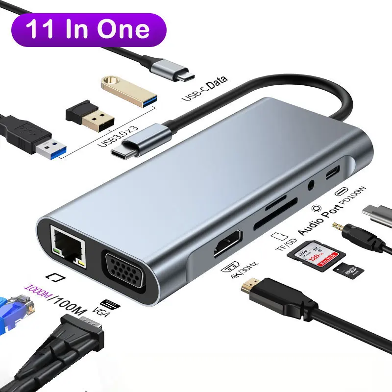 

Док-станция 11 в 1, USB C, HDMI, 4K, SD, TF, PD, VGA