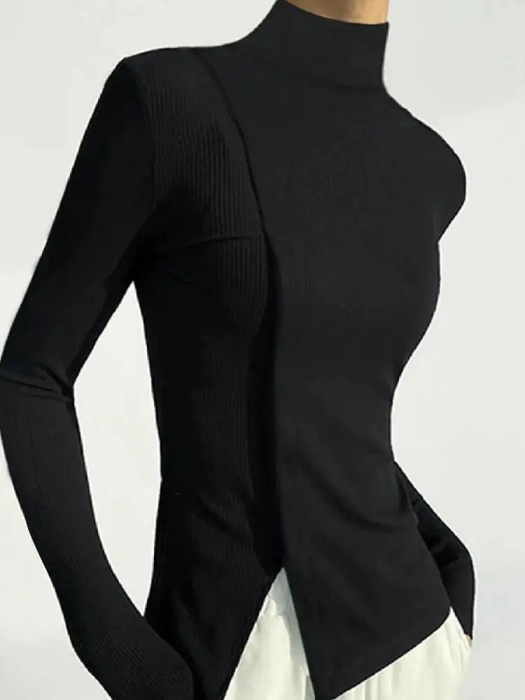 Women long sleeve t shirt Yeezzi Women Spring Autumn Long Sleeves Solid Color Split-Joint High Neck T-Shirts Fashion Simple Casual Trendy Tops