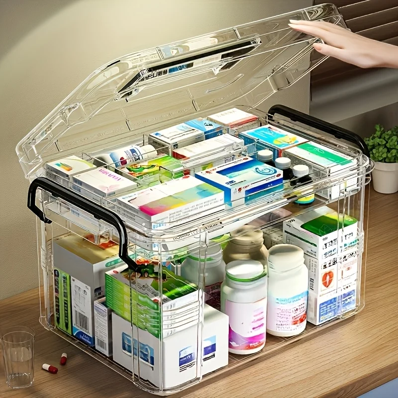 Modern Waterproof PVC Medicine Storage Box, Double-Layer, Stackable, Flip Top Closure, Rectangle Shape