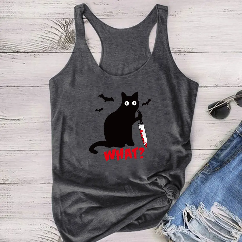 Seeyoushy 2023 Gothic Cat Knife Bats What Printed Tank Top Women Sleeveless Graphic Vest Cotton Crew Neck Tank Tops Loose Female