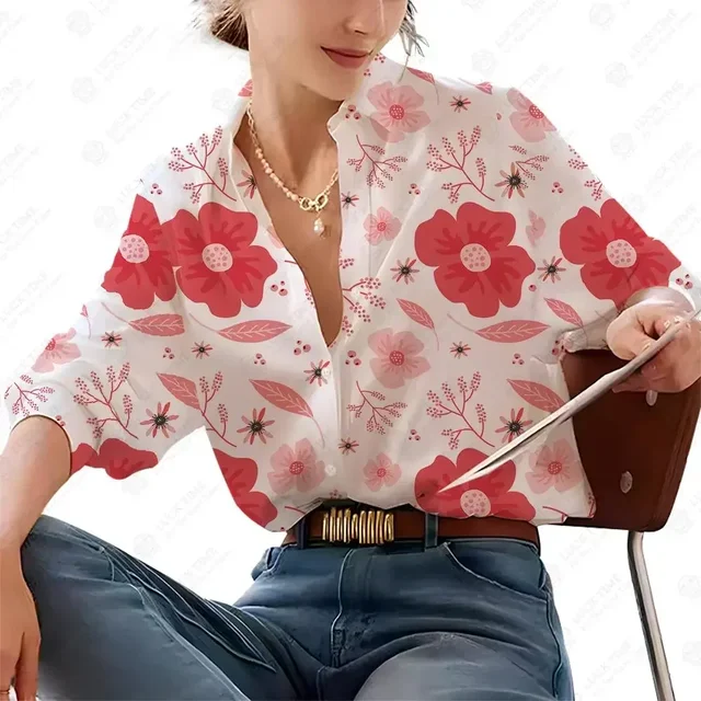 Printed Womens Shirt Long Sleeve Big Size Autumn Elegant Print Casual Street Blouses