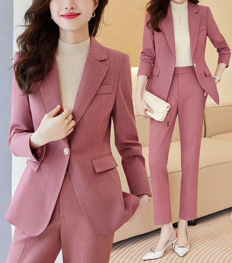 Tesco Office Suit 2 Piece For Women Blazer And Pants Striped Business Jacket For Office Lady Formal Pant Sets Interview Suits