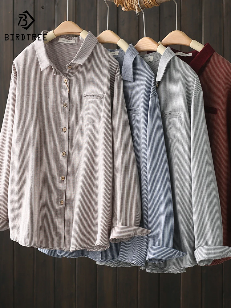 

New Autumn Cotton Striped Classic Shirts Women Lapel Collar Pocket Top Girl Long Sleeve Loose Blouse Appear Thin Spring T39453QC