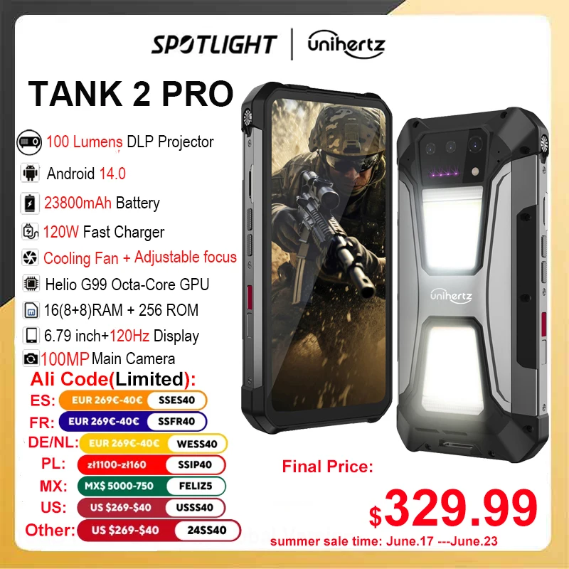 Unihertz Tank 2 PRO 8849 Rugged  with Projector 2.4K 23800 mAh 16GB+256GB Android 14 100MP NFC 120W Helio G99 Octa Core Dual SIM