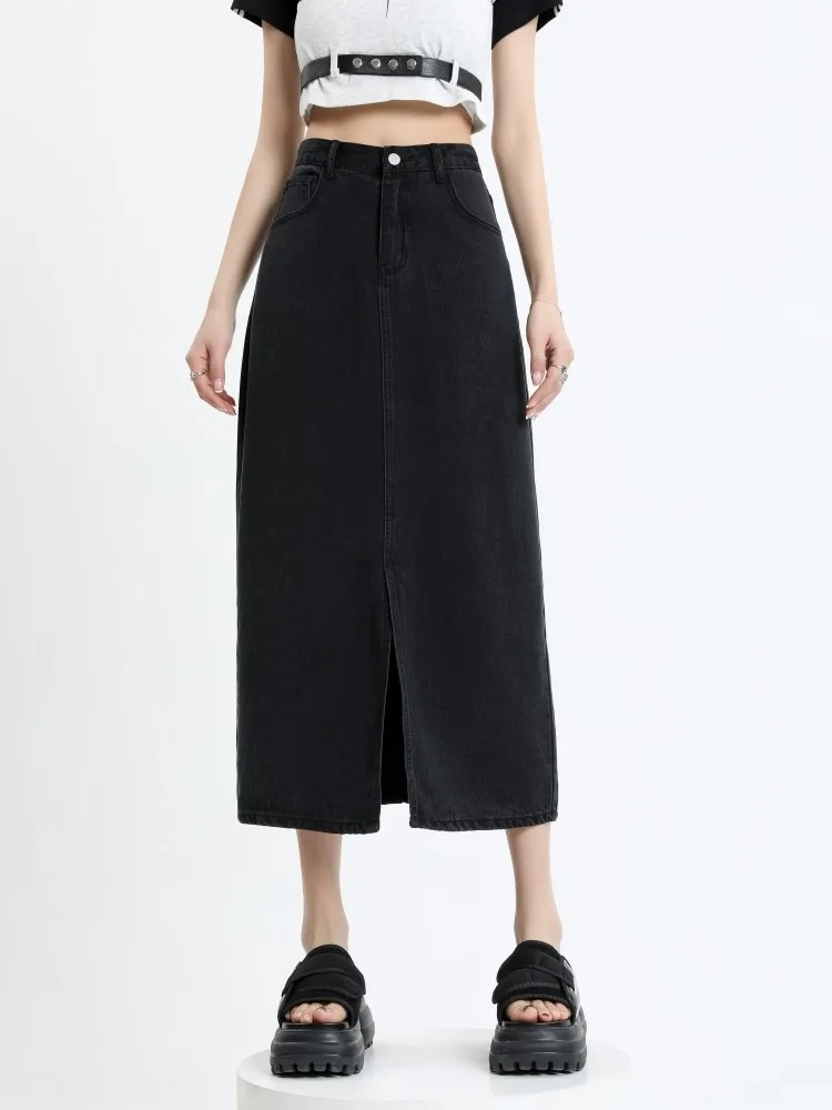 

GUUZYUVIZ Summer Black Ultra-thin Denim Split Women Skirt A Line High Waist Long Jean Skirts For Ladies