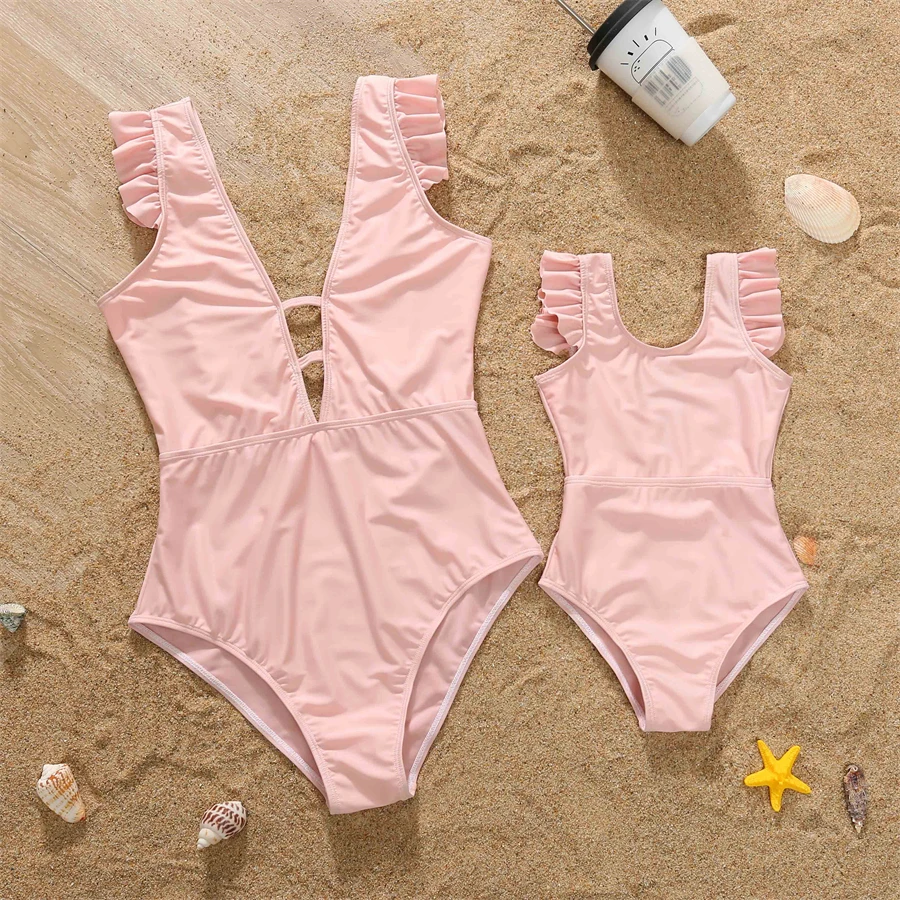 

Ruffled Sleeve Mommy and Me Swimwear Mother Daughter Matching Swimsuits Family Look Beach Mom Baby Women Girls Bikini Clothes