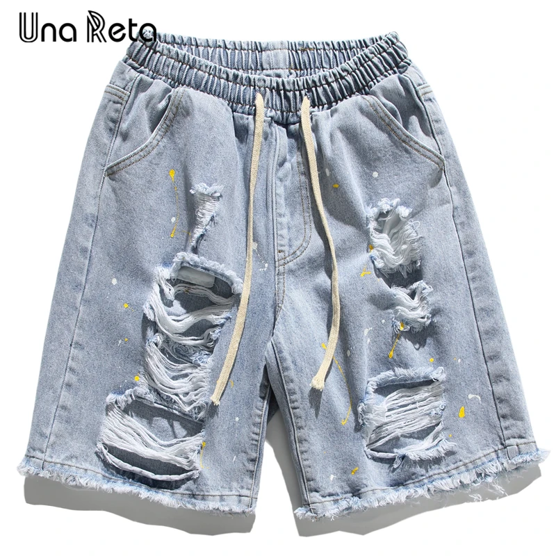 

Una Reta Summer New Men Shorts Streetwear Hip hop Ink-splash Hole Design Denim Shorts Men Loose Casual Couple Shorts