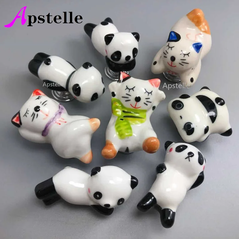 

Apstelle Creative Kids Room Furniture Drawer Dresser Ceramic Pulls Lovely Cartoon Panda Cat Shape Cabinet Door Knobs and Handles