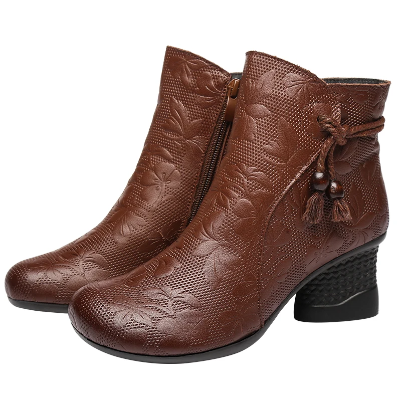 

Woman Retro Engraved Flower Genuine Leather Boots Women Side Zipper Cowhide Ankle Boots Vintage Floral Warm Winter Shoes