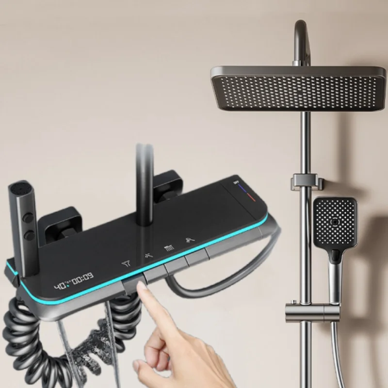 ห้องน้ําหรูหราระบบฝักบัวพร้อมไฟกระจกนิรภัยคีย์เปียโนสมาร์ทดิจิตอลจอแสดงผลร้อนเย็นก๊อกน้ําอาบน้ําชุดเต็ม 1