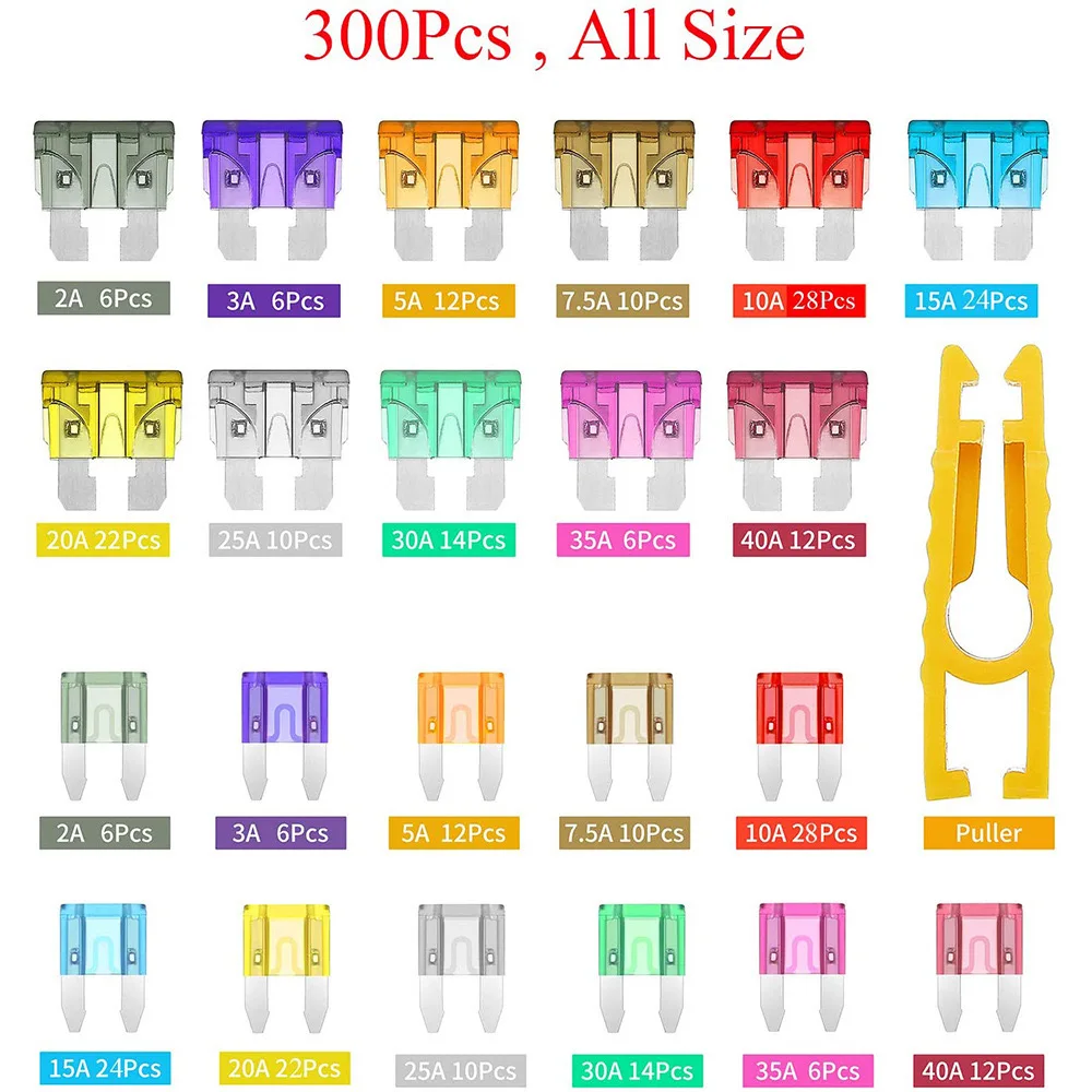 50/100/300PCS Car Fuse Assortment Set Profile Middle Size Blade Type Fuse Auto Car Truck 2-40A Accessories with Box Clip