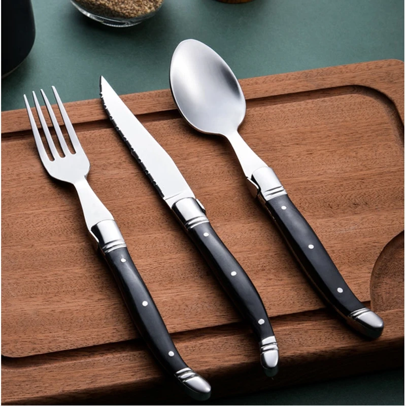 

Laguiole Flatware Sets Steak Knives Fork Spoon Black Wooden Handle Cutlery Wood Stainless Steel Dinner Set Christmas Gift 6pcs