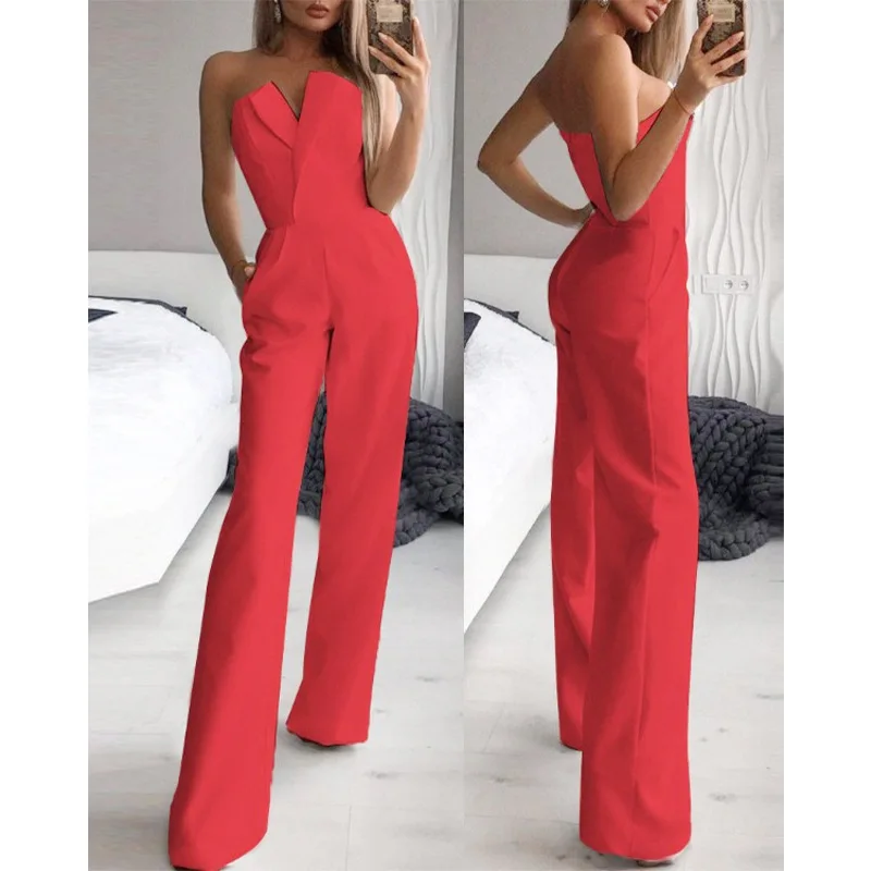 2022 New Women's Sexy Solid Color Jumpsuit, Elegant Ladies' Temperament, Small V-shaped Strapless and Slim Jumpsuit