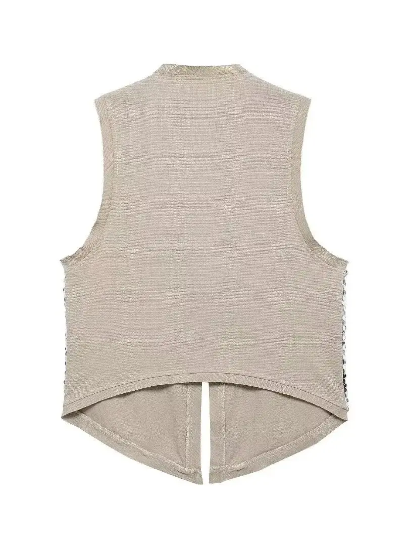 Zevity Women Euro V Neck Sequined Design Patchwork Vest Jacket Lady Sleeveless Open Stitching Casual Retro WaistCoat Tops CT6229 2
