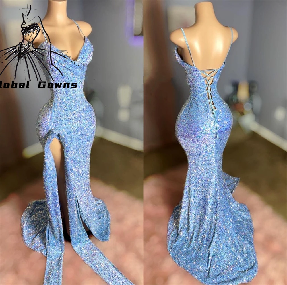 

Sky Blue Sweetheart Evening Dress 2023 For Black Girls Lace Up Back Sequined Birthday Party Gowns Side Slit Long Prom Dresses
