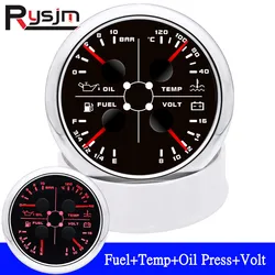 HD 85mm 4 in 1 Multifunction Oil Pressure/Water Temp/Voltmeter/ Fuel Level 0-190 ohms 240-33 ohms 40-120โ Temp With Alarm