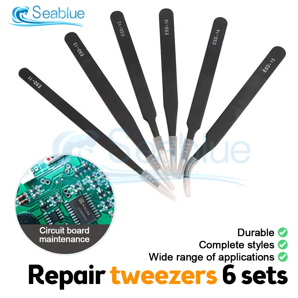 Tweezer Tool ESD Anti Static Tweezers Phone Repair Tweezers 6pcs Anti-static Stainless Steel Tweezers Maintenance Tool Kits for iPhone