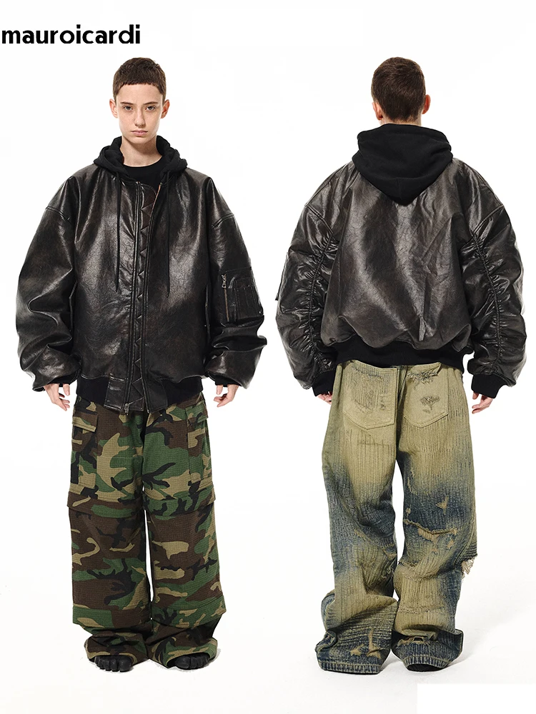 GETADME Mauroicardi Spring Autumn Cool Oversized Long Flowy Baggy Wide Leg Pants for Mens Streetwear Loose Plaid Canvas Trousers 2025
