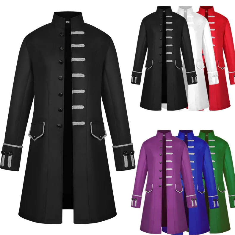 

New Men's Coat Windbreaker Mid-length Steampunk Retro Stand-up Collar Medieval Wear