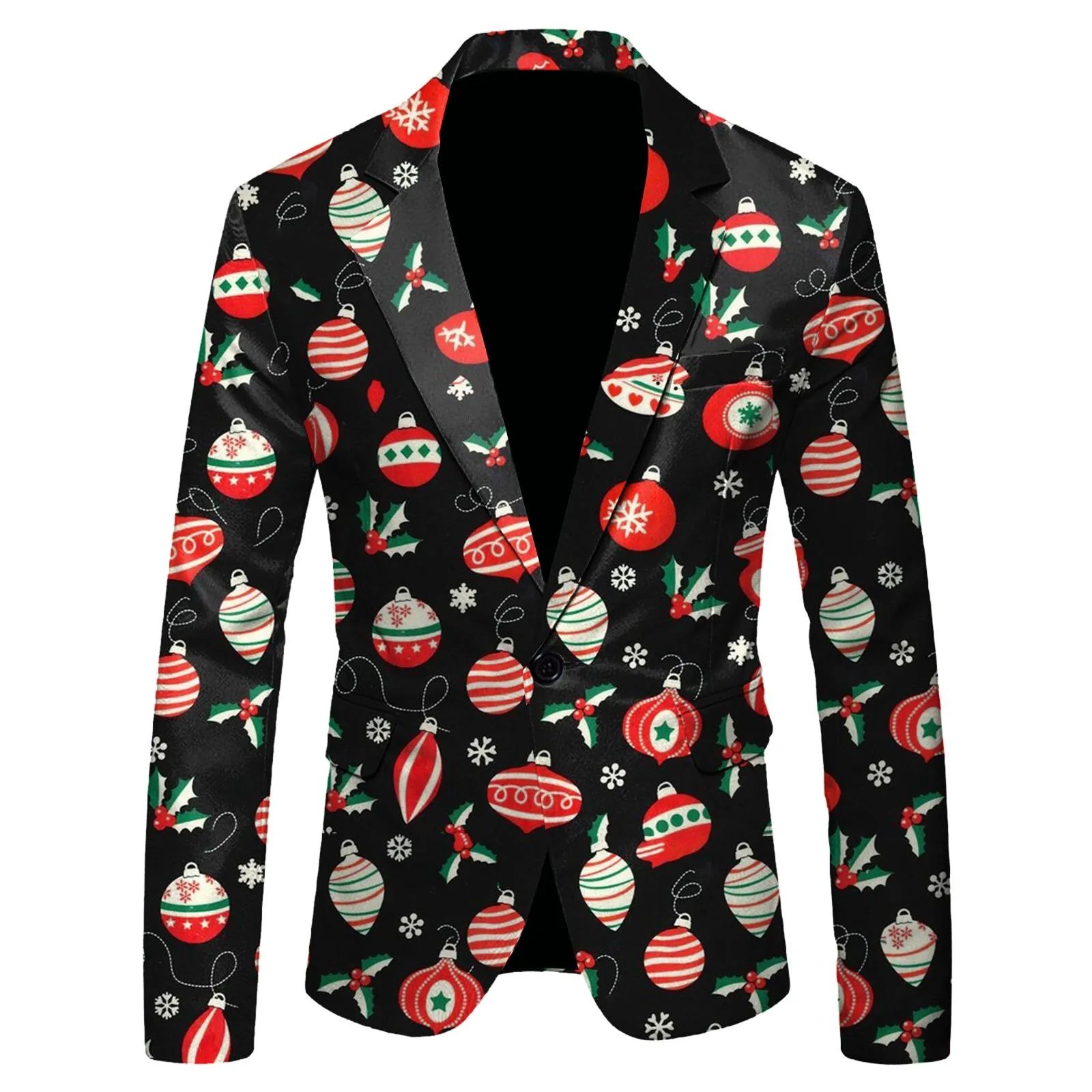 

Men Christmas Snowflake Santa Printed Pocket Lapel Button Suit Jacket Suit