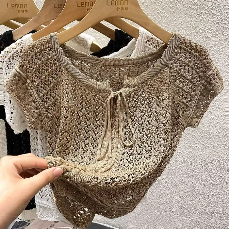 

Summer Vintage French High Street Pull Femme O Neck Drawstring Bandage Bandage Solid Color Hollow Out Knit Chic Sweater Y2k