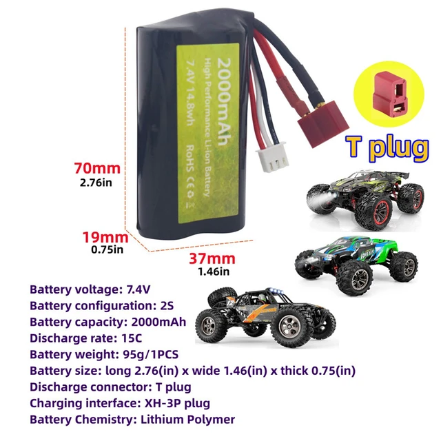 7.4V 2000mAh Lithium Battery With T Plug+USB For 55-DJ02 9155 9156 HM121  HM124 HM163 WLOTYS 12401 12403 12428 YC200 YC280 RC Car - AliExpress