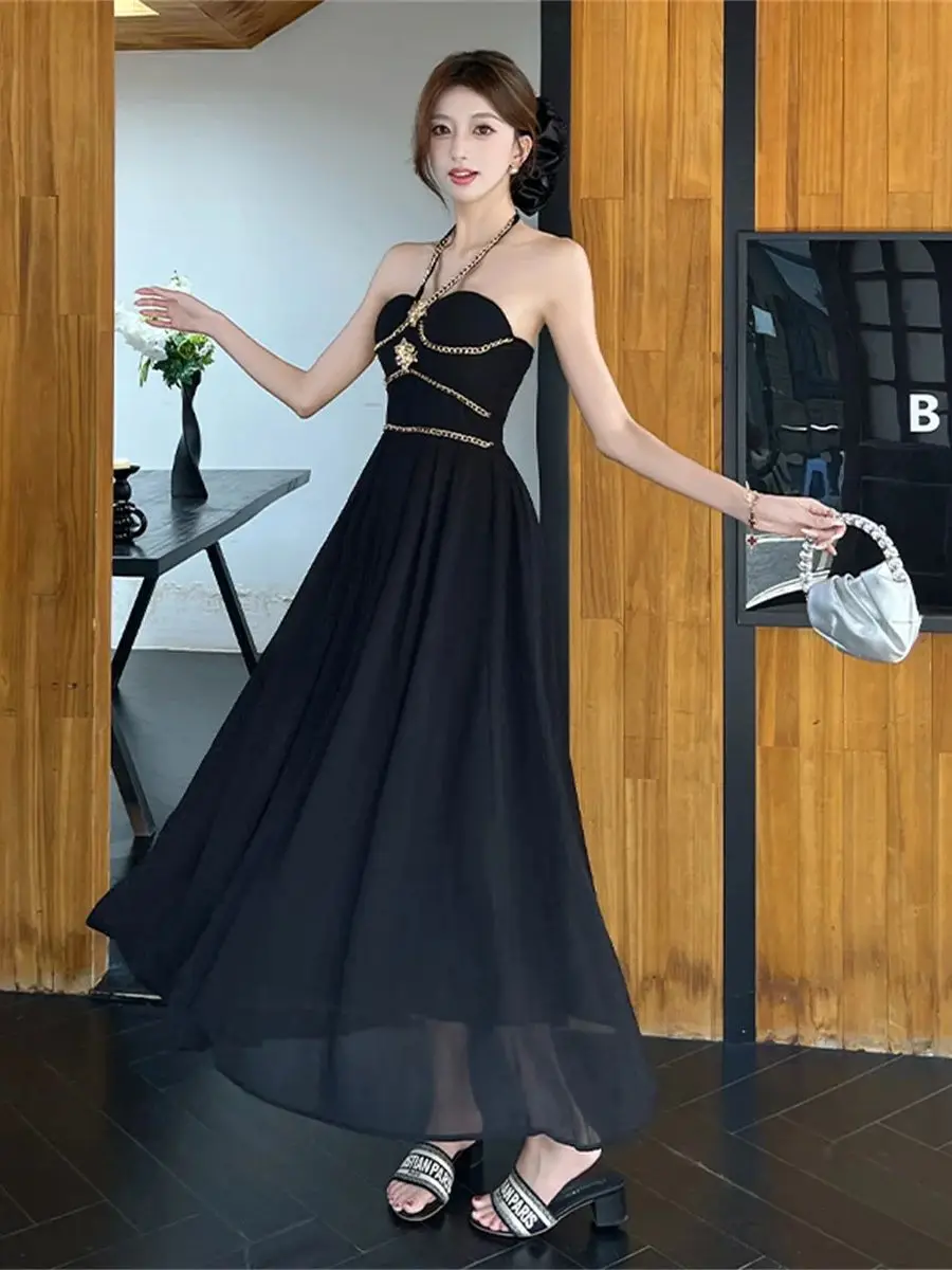 chinese dress ladies Strapless Linen A Line Maxi Dress - Black
