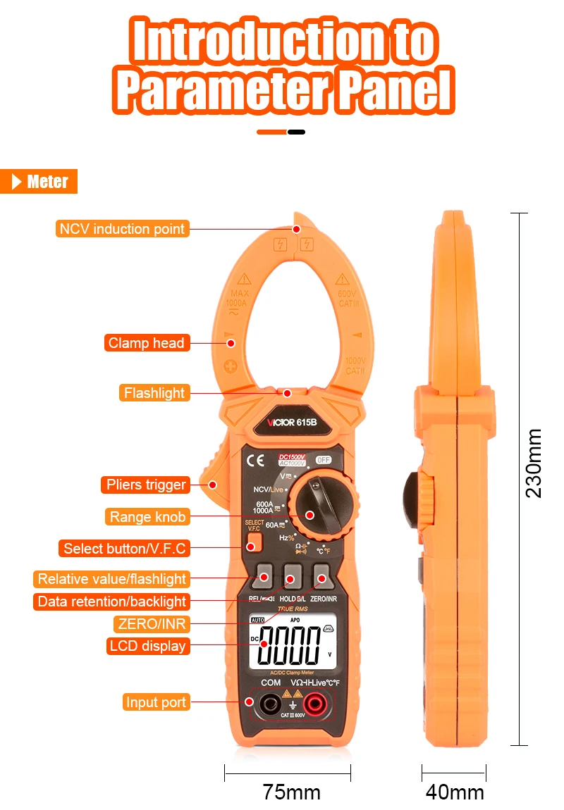 Victor 615B Digitales Zangenmultimeter DC 1500 V Intelligenter Spannungsprüfer 6000 Zählungen Stromfrequenz Hintergrundbeleuchtung NCV Ohm Meter – Detail 4