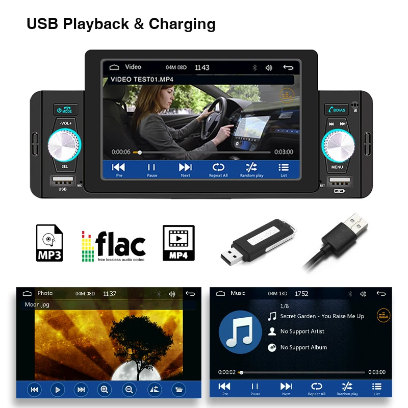 1 Din 5" Car Radio Apple CarPlay Android Auto, Hands-Free Bluetooth 5.1, Reversing Camera Input USB/FM/MP5 Player Headunit F160C — view 3