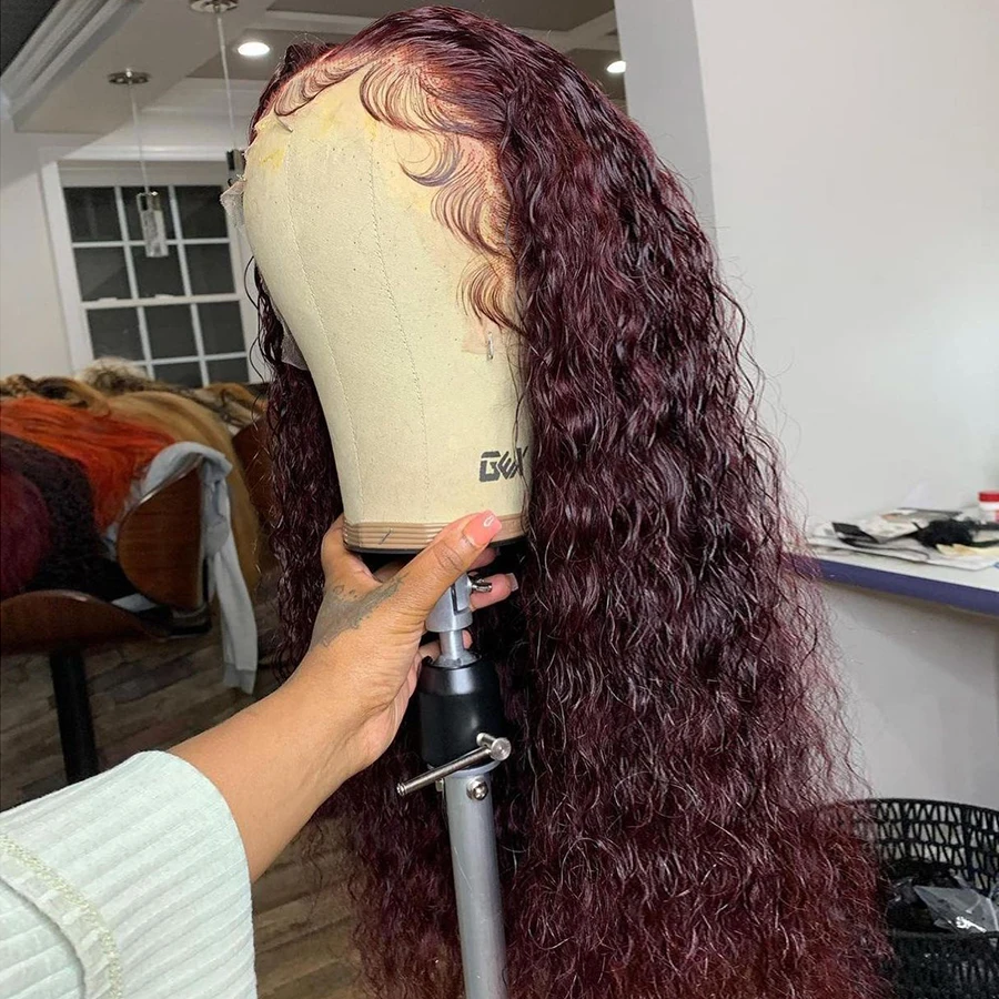 

26 Inches Long 180%Density Glueless 99j Kinky Curly Lace Front Wig With BabyHair Heat Temperature Daily PrepluckedCosplay Wig