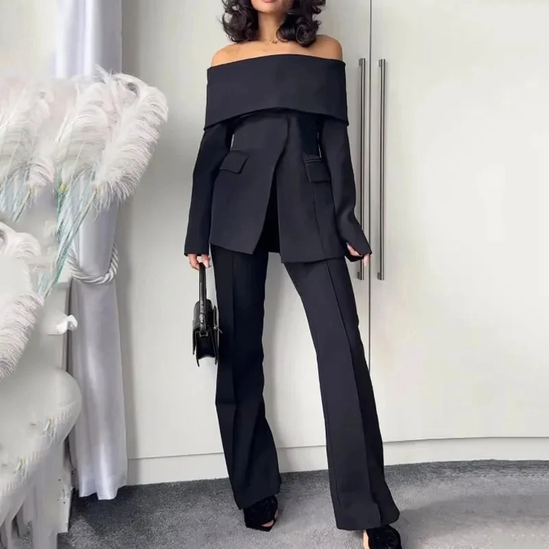 

XUAN PhD Waytobele Women Two Piece Set 2023 Autumn Office Simple Off Shoulder Long Sleeve Solid Suit Top Pants Sets Streetwear