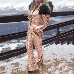 One Piece Hoodie Snow Suits with The Fur for Women Winter Warm Waterproof Windproof Jacket Ski Suits Snowboard Jumpsuit OverCoat