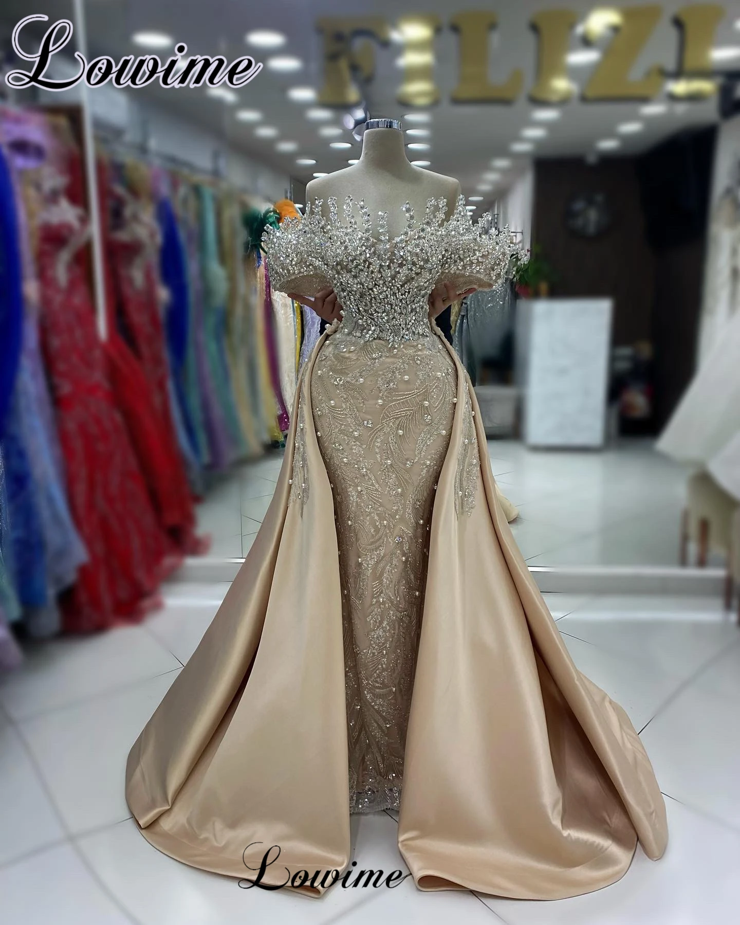 Two Pieces Champagne Celebrity Dresses With Detachable Train Off Shoulder Crystals Evening Dresses Luxury Vestidos De Gala womens dress
