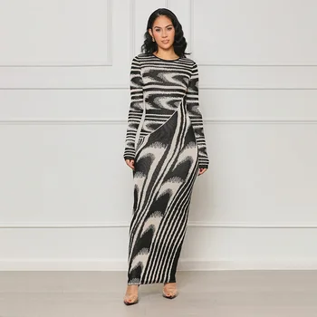 Autunno Inverno Chic Abstract Knitt Abito lungo Donna O-Collo Manica lunga Stretchable Slim Maxi Abiti Fashion Party Abito da donna 1