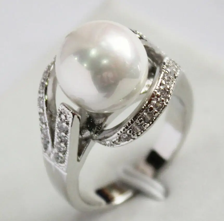 

New Style White 12MM Bead silver-color Inlay CZ South Sea Shell Pearl Gift Fashion Rings For Women