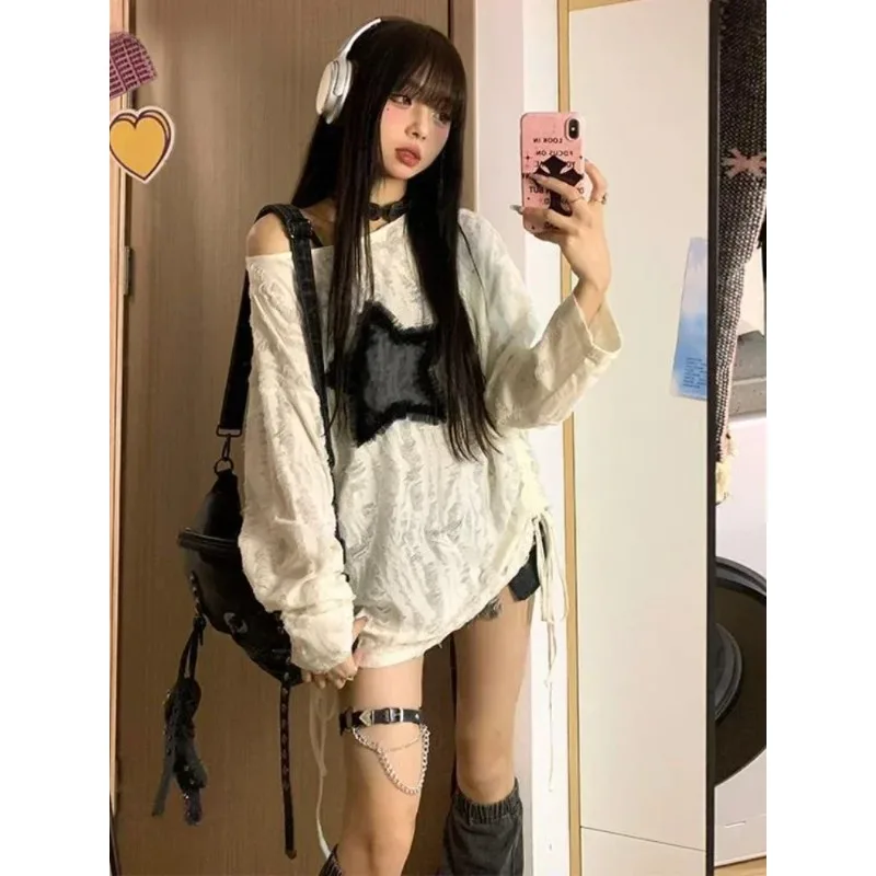 

Grunge Hole T-shirt Women Fashion Star Print Y2k Aesthetic Loose Tees Kpop Fairycore Ripped Tshirt Harajuku Gothic Streetwear