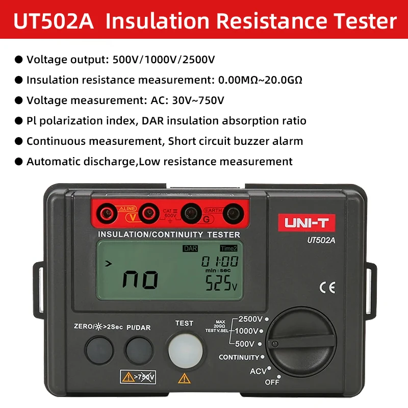 UNI-T UT501A UT501C UT502A UT502C Insulation Resistance Tester Megohmmeter 1000V 2500V Ohm Meter Megometer Digital Ohmmeter