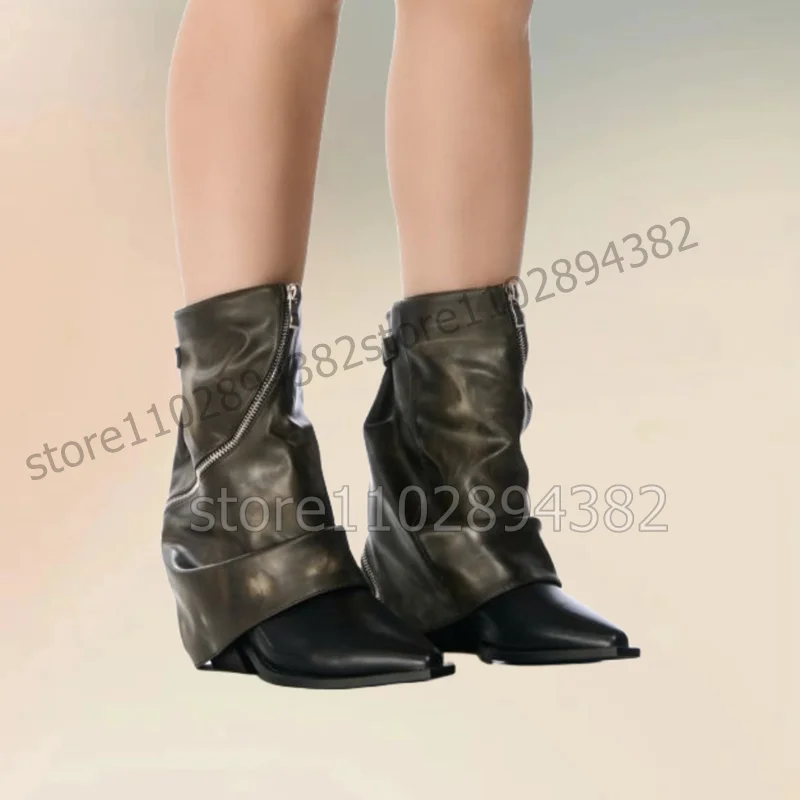 

Buckle Decor Black Turned Over Pointed Toe Boots Front Zipper Women Shoes Chunky High Heels New Fashion 2023 Zapatos Para Mujere
