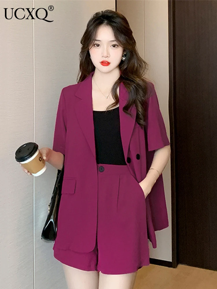 Ucxq Autumn Temperament Twopiece Suit Solid Notched Double Breasted