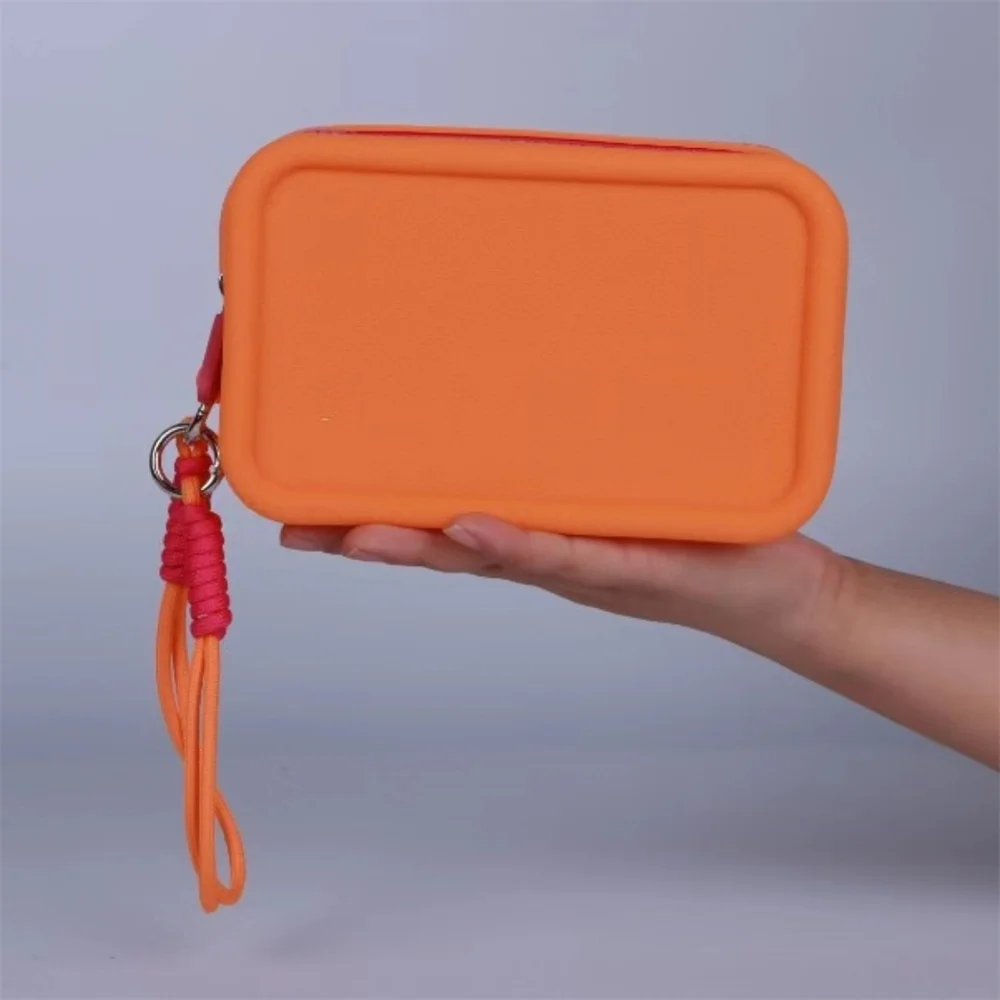 Candy Color Silicone Makeup Bag With Braided Wrist Rope Portable Lanyard Cosmetic Bags Waterproof Zipper Toiletries Lipstick Bag