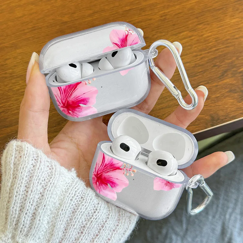 Pink Clear Case for AirPods with Carabiner Shockproof Headphone