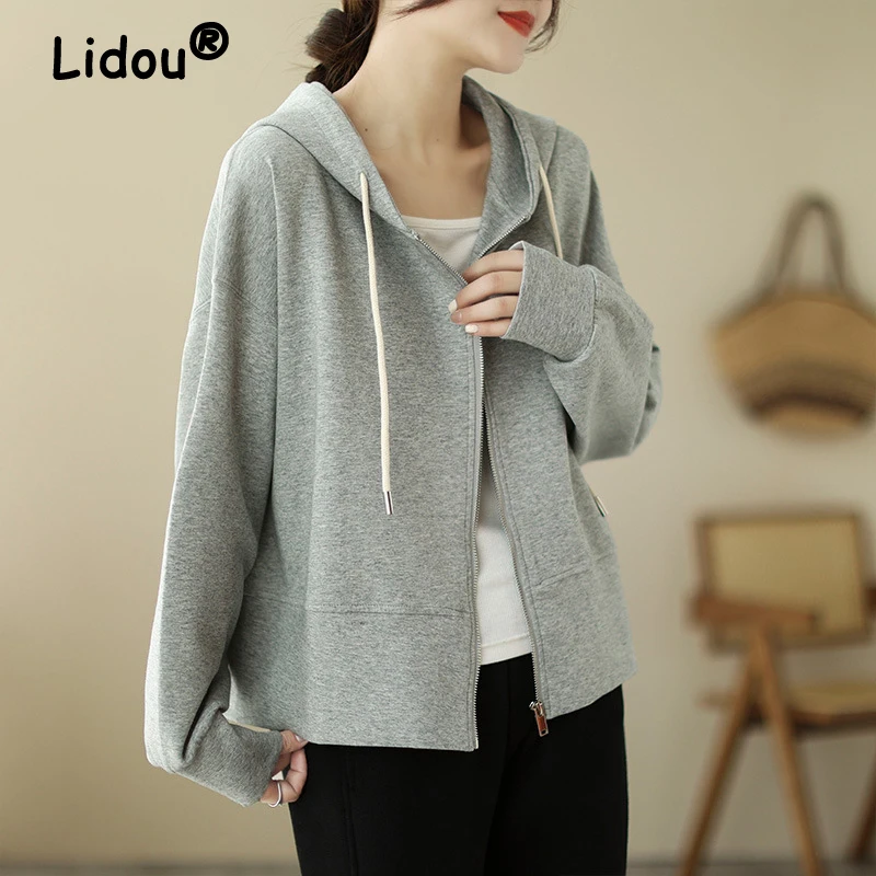 Women Trendy Simple Casual Streetwear Hooded Sweatshirts Y2K Female Autumn Solid Cotton Loose Long Sleeve Zipper Hoodies Jackets