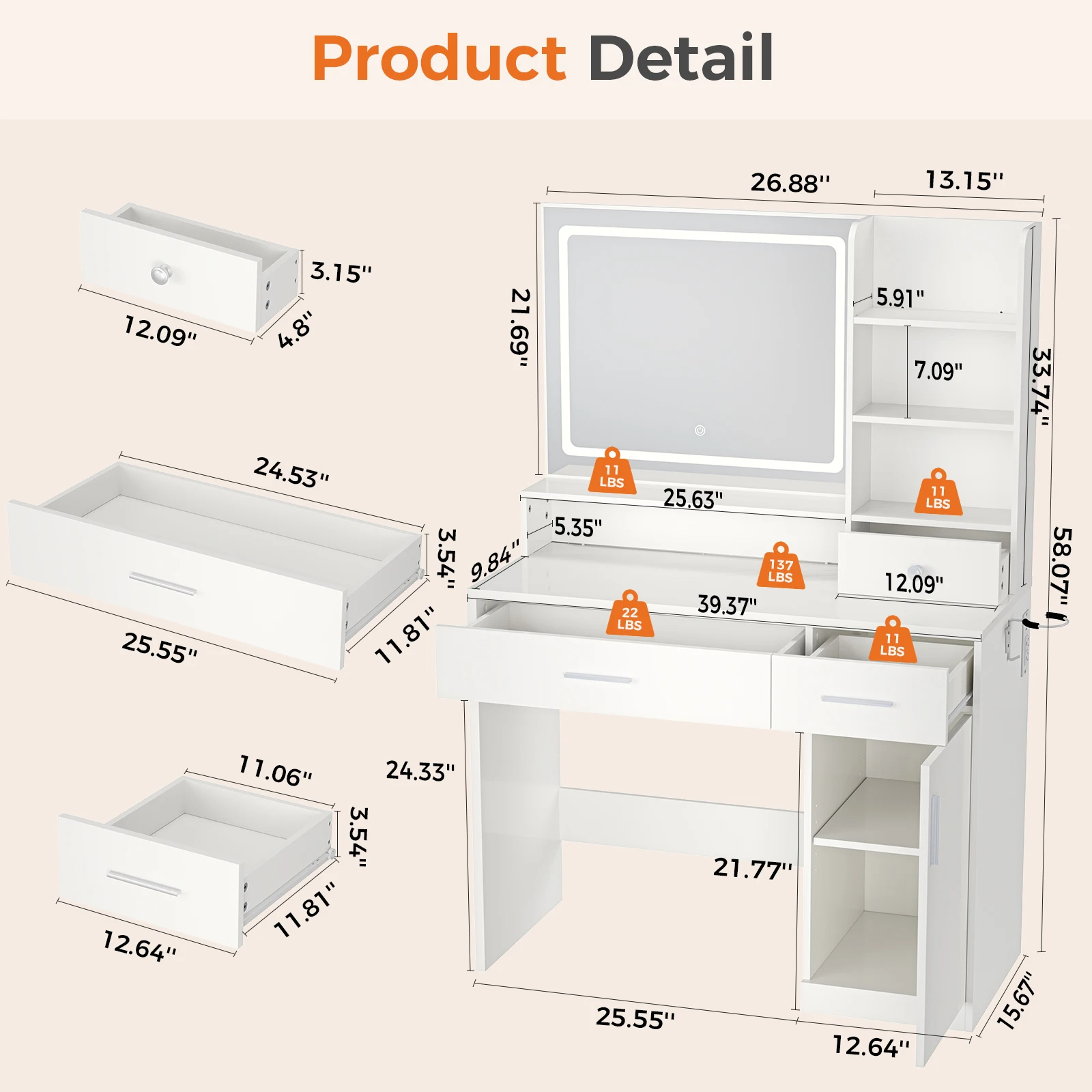 Vanity storage drawers and shelves layout